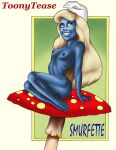  1girl 1girl 2013 blonde_hair blue_skin feet female_only mushroom nipples smurfette tagme the_smurfs toonytease 
