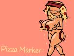 1girl big_ass big_breasts cheese find_the_markers justmad9876_(artist) lactating leaking_milk naked_female nude_female orange_skin pizza pizza_girl pizza_marker_(find_the_markers) pizza_thot red_background red_body tan_skin yellow_hair