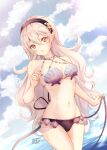  1girl :o artist_name atoatto bare_arms bare_shoulders bikini bikini_bottom_only black_bikini black_hairband blush cleavage cloud cloudy_sky collarbone commentary_request corrin_(fire_emblem) corrin_(fire_emblem)_(female) cowboy_shot day fire_emblem fire_emblem_cipher fire_emblem_fates hair_between_eyes hair_ornament hairband holding long_hair looking_at_viewer medium_breasts navel nintendo ocean open_mouth outside pointy_ears red_eyes seashell see-through shell shell_bikini simple_background sky smile stomach swimsuit very_long_hair water white_hair 