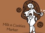 1girl big_ass big_breasts brown_background brown_body brown_hair cookie cookies crumbs find_the_markers justmad9876_(artist) milk milk_&amp;_cookies_marker_(find_the_markers) milk_and_cookies naked_female nude_female white_skin