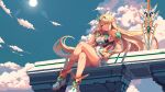  1girl 1girl alluring bare_shoulders blonde_hair blue_sky chest_jewel cleavage cleavage_cutout clothing_cutout cloud crossed_legs dress earrings floating_hair full_body high_res itzah jewelry long_hair looking_at_viewer medium_breasts microdress mythra pixel_art sitting sky smile sun swept_bangs sword tiara weapon white_dress white_footwear xenoblade_(series) xenoblade_chronicles_2 yellow_eyes 