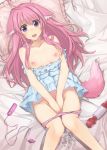 1000000000_(artist) 1girl alternate_hairstyle animal_ears billion_(artist) blush breasts collarbone covering covering_crotch dog_days dog_ears dog_tail female hitachi_magic_wand lying millhiore_f_biscotti on_back open_mouth panties panty_pull pillow pink_hair pink_panties purple_hair pussy_juice remote_control_vibrator solo tail trembling underwear vibrator