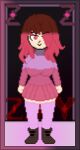 1girl alternate_version_available bete_noire betty_noire big_breasts boots breasts brown_hair female_only glitchtale long_socks pink_shirt pixel_(artwork) pixel_art purple_shirt red_eyes red_hair red_skirt skirt undertale_au zixy_(artist)