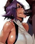ai_generated big_breasts bleach brown_skin grabbing_head looking_at_viewer nipple_slip nipples nipples_visible_through_clothing oral oral_sex purple_hair smile tanned tanned_skin yellow_eyes yoruichi_shihouin