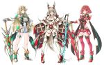  3_girls alluring big_breasts blonde_hair cleavage multiple_girls mythra nia nia_(blade)_(xenoblade) nia_(xenoblade) nintendo pyra red_hair silver_hair simple_background small_breasts sofusan1526 weapon xenoblade_(series) xenoblade_chronicles_2 