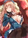  1girl areola_slip areolae atago_(kantai_collection) black_gloves blonde_hair blush breast_suppress breasts cleavage female gloves half-closed_eyes hat hidebuu highres kantai_collection large_breasts long_hair military military_uniform one_eye_closed open_mouth pantyhose sleeping solo uniform 