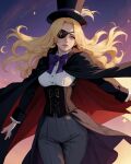 ai_generated blonde blonde_female blonde_hair corset magician magician_hat purple_eyes white_gloves wizard_robe
