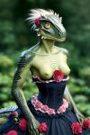 ai_generated breasts dinosaur_girl dragon_girl flower_on_head furry green_nipples green_scales horns lizard_girl lizard_tail long_dress looking_at_viewer nipples scales snout spikes_(anatomy) tail topless yellow_sclera