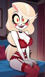  1girl accurate_art_style alluring artist_request big_breasts blonde_hair charlie_morningstar_(hazbin_hotel) cleavage female_only hazbin_hotel lingerie pin_up red_lingerie smile white_skin 