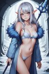  ai_generated blush blush blushing_at_viewer bra clothes_removed elf elf_ears elf_female grey_eyes lingerie long_ears long_hair looking_at_viewer mage magic_user panties pov rod scepter smile winter_clothes wizard 