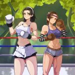  2_girls alluring big_breasts black_hair boxing_gloves boxing_ring brown_eyes brown_hair cleavage fembox_collect forest kazama_jun michelle_chang milf milfs namco outside shorts sports_bra tekken tekken_1 tekken_2 tekken_8 tekken_tag_tournament tekken_tag_tournament_2 