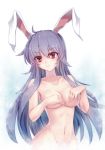 1girl animal_ears bare_shoulders breasts bunny_ears bust cleavage collarbone covering covering_breasts dedeyong face female groin highres lavender_hair light_smile long_hair mound_of_venus navel nude red_eyes reisen_udongein_inaba solo touhou upper_body very_long_hair