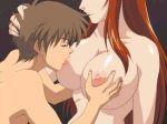  1boy 1girl anime arm arms back bare_back bare_shoulders big_breasts breast_grab breast_sucking breasts brown_hair cleavage closed_eyes collarbone couple gif hair hand_on_head head_grab head_out_of_frame hentai large_breasts long_hair neck nipples nude out_of_frame red_hair sex shiny shiny_skin short_hair source_request 