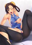  1girl alternate_costume amei_sumeru bare_shoulders black_hair blush breasts brown_eyes capcom chun-li female highres huge_breasts impossible_clothes impossible_clothing nipple_slip nipples pantyhose puffy_nipples sideboob solo street_fighter torn_clothes torn_pantyhose wince 