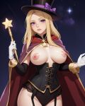  ai_generated blonde blonde_female blonde_hair breasts corset lingerie magician magician_hat nipples pink_nipples purple_eyes white_gloves wizard_robe 