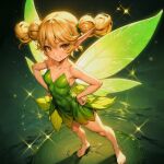  1girl ai_generated blonde_hair disney disney_villains fairy fairy_wings female_focus forest green_dress hands_on_hips pointy_ears tinker_bell 