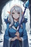  ai_generated elf elf_ears elf_female grey_eyes jewelry long_ears long_hair looking_at_viewer mage magic_user pov rod scepter snow winter_clothes wizard 