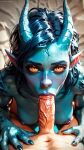 ai_generated blue_hair blue_nipples blue_scales blue_skin breasts dragon_girl fellatio furry furry_female human_on_furry humanization humanized humanoid lizard_girl looking_at_viewer nipples oral oral_sex orange_eyes pointy_ears pov pov_eye_contact short_hair
