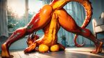 ai_generated anus ass_focus ass_up breast_press breasts dragon_girl dragon_tail furry furry_female horns lizard_girl lizard_tail nude nude_female orange_scales orange_skin pussy scales spikes_(anatomy) tail
