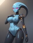 ai_generated alien alien_girl alien_humanoid antennae_(anatomy) blue_nipples blue_skin breasts female_nudity mechanical_arm mechanical_legs nipples no_hair nude_female pink_eyes prosthesis robot_joints