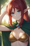  ai_generated bare_midriff bikini_armor blue_eyes cape elf elf_ears elf_female jewelry long_ears long_hair ponytail red_hair 