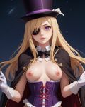  ai_generated blonde blonde_female blonde_hair breasts corset eyepatch magician magician_hat nipples pink_nipples purple_eyes white_gloves wizard_robe 