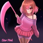 bete_noire betty_noire black_background boots breasts brown_boots clothed clothes clothes_down cute cute_face glitchtale looking_at_viewer pink_eyes pink_hair pink_shirt purple_shirt purple_socks scythe undertale_au weapon wearing_clothes
