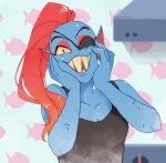 1girl 2d 2d_(artwork) adorable anthro anthro_only blue_body blue_skin breasts cleavage closed_eyes clothed clothed_female clothing corogarucoromo cute detailed_background digital_media_(artwork) ear_fins eyepatch female_anthro female_only fins fish fish_girl gif grin hair hands_on_cheeks hands_on_face hands_on_own_cheeks hands_on_own_face head_fins marine monster monster_girl non-mammal_breasts pixiv ponytail red_hair red_ponytail sharp_teeth slit_pupils smiling_at_viewer solo_anthro solo_female tank_top topwear undertale undertale_(series) undyne upper_body video_game_character video_games wholesome yellow_sclera yellow_teeth