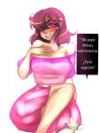 1girl alternate_version_available artist_name bete_noire betty_noire brown_hair glitchtale grin moonlightbutterfly pink_shirt purple_shirt red_eyes red_hair red_skirt short_hair skirt spanish_text text undertale_au wearing_others_clothes