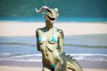  ai_generated bikini breasts dinosaur_girl dragon_girl horns lizard_girl looking_at_viewer scales snout spikes_(anatomy) yellow_sclera 