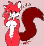  1girl 2022 anthro big_tail black_eyes breasts cat curvy fan_character feline justtaylor looking_away markings medium_breasts multicolored_body navel nipples nude original_character pantufa_the_cat pawpads pink_nipples pussy red_fur simple_background sonic_oc sonic_the_hedgehog_(series) tail 