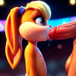  1boy 1girl blue_eyes brown_fur erection furry furry_female imminent_fellatio imminent_oral lola_bunny looking_at_penis looney_tunes penis small_breasts space_jam veiny_penis 