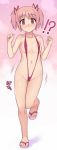  ! !? 1girl :o ? areola_slip areolae blush breasts clenched_hands collarbone female flat_chest groin hidebou kaname_madoka mahou_shoujo_madoka_magica mound_of_venus navel pink_hair red_eyes ribbon running sandals shake sling_bikini small_breasts solo standing_on_one_leg sweatdrop swimsuit toes twintails 