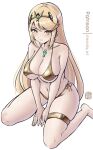 1girl alluring bare_legs big_breasts bikini blonde_hair chascoby cleavage core_crystal female_only gold_bikini mythra nintendo on_knees xenoblade_(series) xenoblade_chronicles_2 yellow_eyes