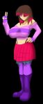  1girl bete_noire betty_noire big_breasts black_background boots breasts brown_hair female_only glitchtale hand_on_hip hand_on_own_hip long_socks pink_shirt purple_boots purple_shirt purple_socks red_hair undertale_au v 