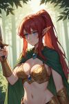  ai_generated bare_midriff bikini_armor blue_eyes cape elf elf_ears elf_female jewelry long_ears long_hair ponytail red_hair sword 