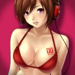  1_girl 1girl arm arms art asami_(undoundo) bare_shoulders bikini bikini_top breasts brown_eyes brown_hair bust cleavage face female headphones light_smile lips lipstick looking_at_viewer makeup meiko neck parted_lips red_bikini red_eyes red_swimsuit short_hair smile solo swimsuit teeth upper_body vocaloid 