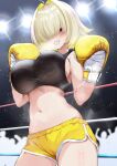  1girl 1girl absurd_res ahoge alternate_costume big_breasts black_sports_bra blonde_hair boxing boxing_gloves boxing_ring breasts chinese_commentary cowboy_shot crowd dolphin_shorts elegg_(nikke) gloves goddess_of_victory:_nikke grin hair_intakes hair_over_eyes high_res long_bangs looking_at_viewer navel purple_eyes short_hair short_shorts shorts sideboob smile sports_bra stage_lights standing steaming_body stomach sweat xiahou_qiulan yellow_gloves yellow_shorts 