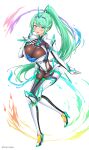  1girl 1girl alluring big_breasts cleavage feichu_keju green_eyes green_hair high_res pneuma_(xenoblade) ponytail white_background xenoblade_(series) xenoblade_chronicles_2 