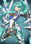  1girl absurd_res alluring armor big_breasts bodysuit cleavage covered_navel green_eyes grey_hair headband high_heels high_res holding holding_sword holding_weapon long_hair looking_at_viewer pneuma_(xenoblade) ponytail reaching reaching_towards_viewer ryochan96154 sword thighs weapon xenoblade_(series) xenoblade_chronicles_2 