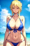 1girl ai_generated ass beach big_ass big_breasts big_breasts bikini blonde_hair breasts highschool_of_the_dead hips huge_ass huge_breasts long_hair navel shizuka_marikawa swimsuit thicc tied_hair voluptuous voluptuous_female wide_hips yellow_eyes