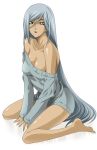  1_girl 1girl arm arm_support arms art bare_legs bare_shoulders barefoot breasts character_request cleavage code_geass dark_skin female grey_hair jyuru kneeling large_breasts legs long_hair long_sleeves looking_at_viewer naked_sweater off_shoulder ribbed_sweater shiny shiny_skin silver_hair sitting sleeves_past_wrists solo sweater v_arms very_long_hair villetta_nu yellow_eyes 