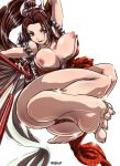  barefoot brown_eyes brown_hair erect_nipples fan feet female japanese_clothes kimono king_of_fighters long_hair madhatter_hello nipples pink_nipples ponytail shiranui_mai snk 
