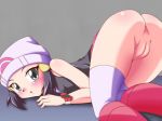  1_girl 1girl :o alternate_hair_color arm art artist_request ass babe beanie black_hair blush boots bottomless dawn female grey_background grey_eyes hair_ornament hat high_res highres hikari_(pokemon) legs long_hair looking_at_viewer looking_back lying nintendo no_panties on_stomach open_mouth pink_boots pink_skirt pokemon pokemon_(anime) pokemon_(game) pokemon_dppt poketch pussy shiny shiny_skin simple_background skirt skirt_up sleeveless solo thighhighs top-down_bottom-up uncensored upskirt watch white_thighhighs 