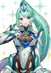  1girl 1girl absurd_res alluring big_breasts breasts chest_jewel green322 green_hair high_res long_hair nintendo pneuma_(xenoblade) ponytail very_long_hair xenoblade_(series) xenoblade_chronicles_2 