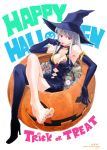 1girl barefoot boots breasts candy cleavage crazy_clover_club crossed_legs dress elbow_gloves feet female gloves halloween happy_halloween hat jack-o&#039;-lantern legs_crossed lollipop nail_polish no_shoes original pink_nails pumpkin shirotsumekusa single_shoe sitting solo thigh-highs thighhighs toes trick_or_treat witch_hat