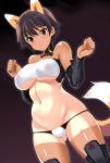  animal_ears armor bandeau bare_shoulders belly blush breasts brown_eyes brown_hair dark_background detached_collar dutch_angle erect_nipples female fox_ears fox_tail gauntlets gradient gradient_background hair japanese_armor katou_keiko kote kyougoku_shin large_breasts looking_at_viewer midriff navel one-piece_tan panties plump shin_guards short_hair solo strapless strike_witches tail tan tanline tubetop underboob underwear uniform 
