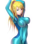  1_girl 1girl absurd_res absurdres aqua_eyes arms_up art babe big_breasts blonde_hair blue_eyes bodysuit breasts clothed_navel female high_res highres hips kuroma_(atapi) large_breasts lips long_hair looking_at_viewer metroid mole navel neck nintendo open_mouth parted_lips ponytail samus_aran simple_background skin_tight solo white_background zero_suit 