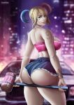 1girl 5_fingers ass batman_(series) big_ass big_breasts birds_of_prey breasts bubble_ass bubble_butt cleavage clothing dat_ass dc_comics deviantart female_only flowerxl harley_quinn huge_ass looking_at_viewer looking_back sledgehammer suicide_squad thick_thighs wide_hips