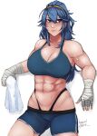 1girl abs after_workout alternate_breast_size alternate_hairstyle artist_signature athletic_female bandaged_arm bandages basedshark biceps big_breasts blank_background blue_eyes blue_hair blush cloth female_abs fire_emblem fire_emblem_awakening fit_female lucina lucina_(fire_emblem) nintendo ponytail princess royalty shorts six_pack slight_smile smile solo_female sports_bra sweat sweatdrop symbol-shaped_pupils thick_thighs thong thunder_thighs tiara triceps unusual_pupils wide_hips